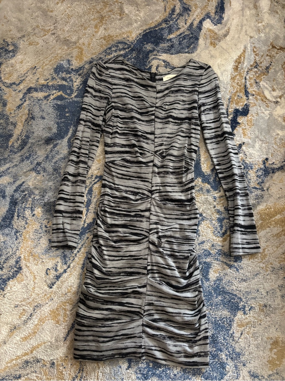 Women's Gray & Black Striped Ruched Long-Sleeve Dress